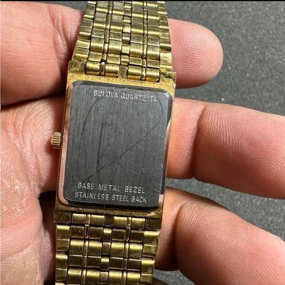 Bulova T4 Quartz Tank Watches His And Hers Gold Tone Black Dial Diamond Accents - Picture 4 of 8